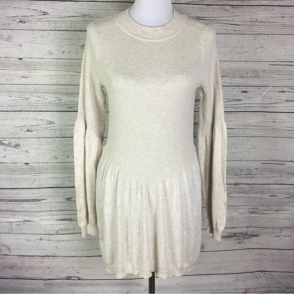 Hinge Beige Waffle Knit Long Sleeve Drop Waist Tunic Sweater / Dress